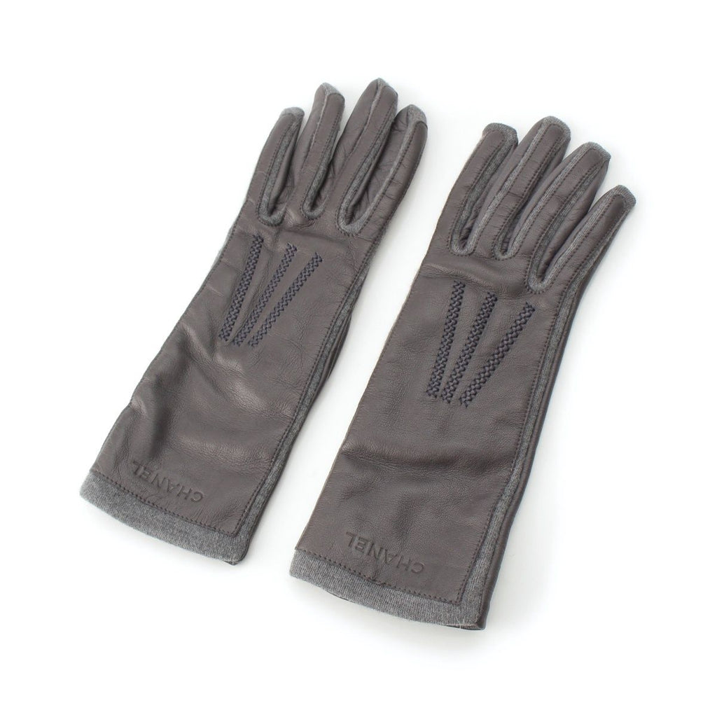 Chanel Lambskin Logo Gloves Gray 7.5
