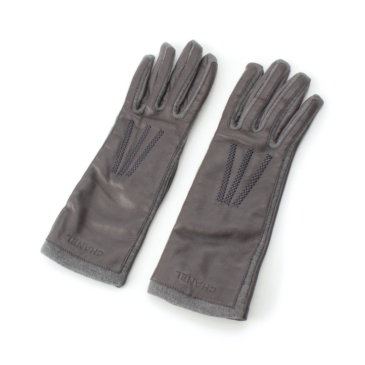 Chanel Lambskin Logo Gloves Gray 7.5