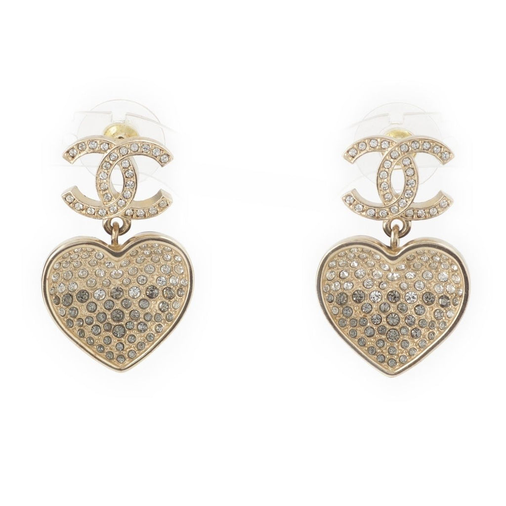Chanel Metal Rhinestone CC Logo Heart Earrings Black Gold