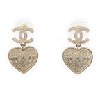 Chanel Metal Rhinestone CC Logo Heart Earrings Black Gold