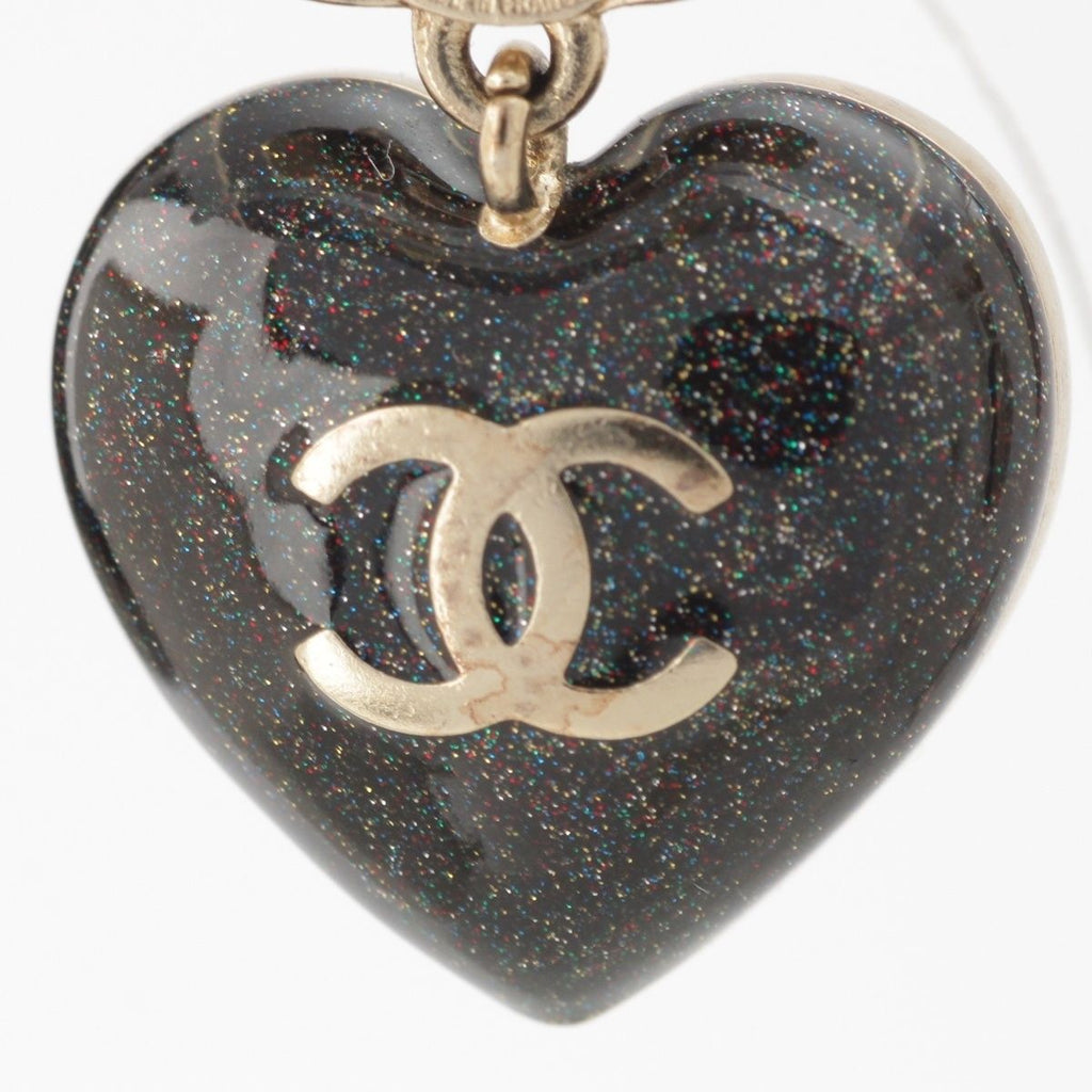 Chanel Metal Rhinestone CC Logo Heart Earrings Black Gold — view 7