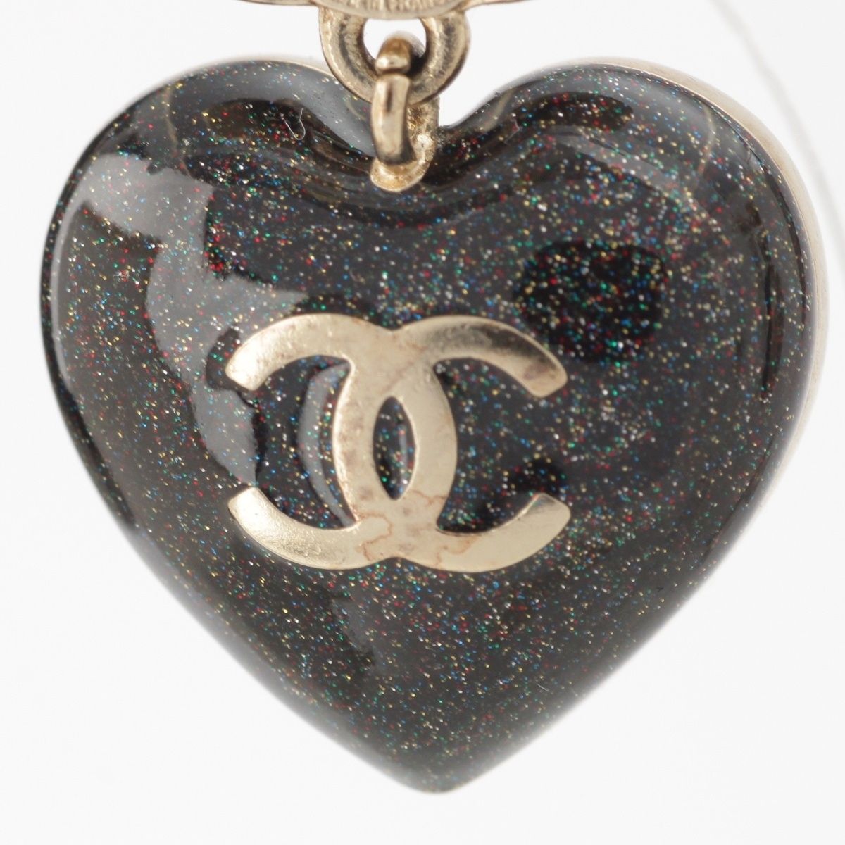 Chanel Metal Rhinestone CC Logo Heart Earrings Black Gold — view 7