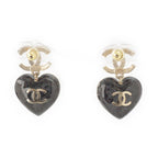 Chanel Metal Rhinestone CC Logo Heart Earrings Black Gold — view 2