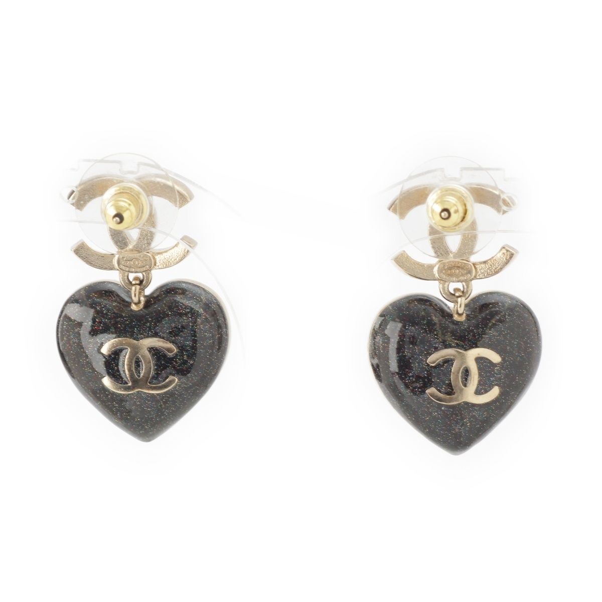 Chanel Metal Rhinestone CC Logo Heart Earrings Black Gold — view 2
