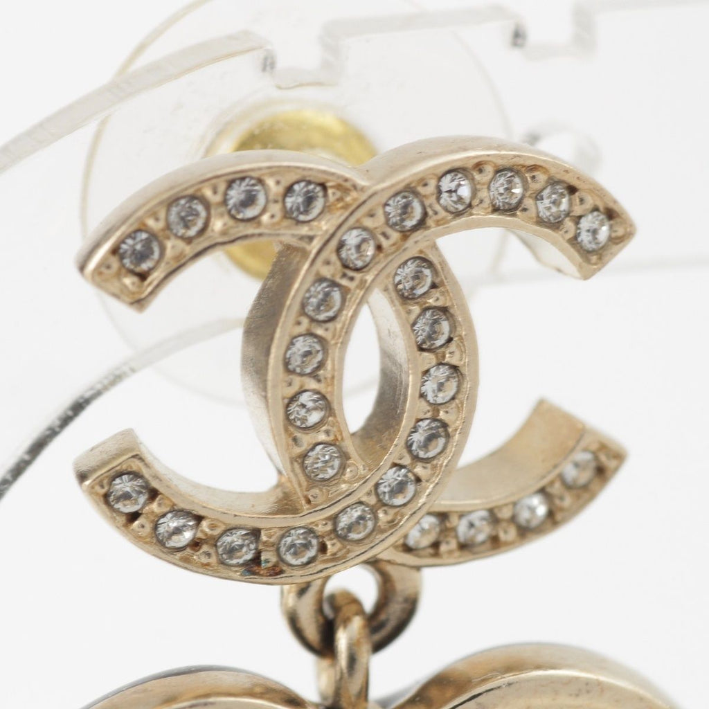 Chanel Metal Rhinestone CC Logo Heart Earrings Black Gold — view 5