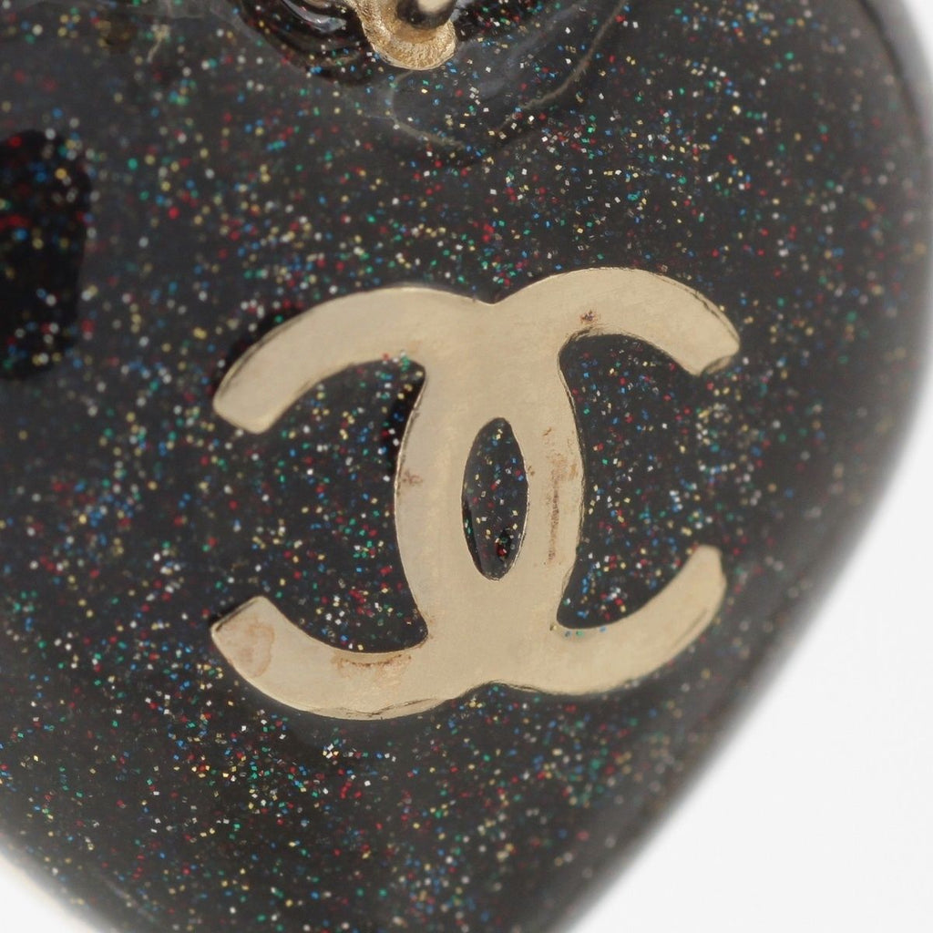 Chanel Metal Rhinestone CC Logo Heart Earrings Black Gold — view 8