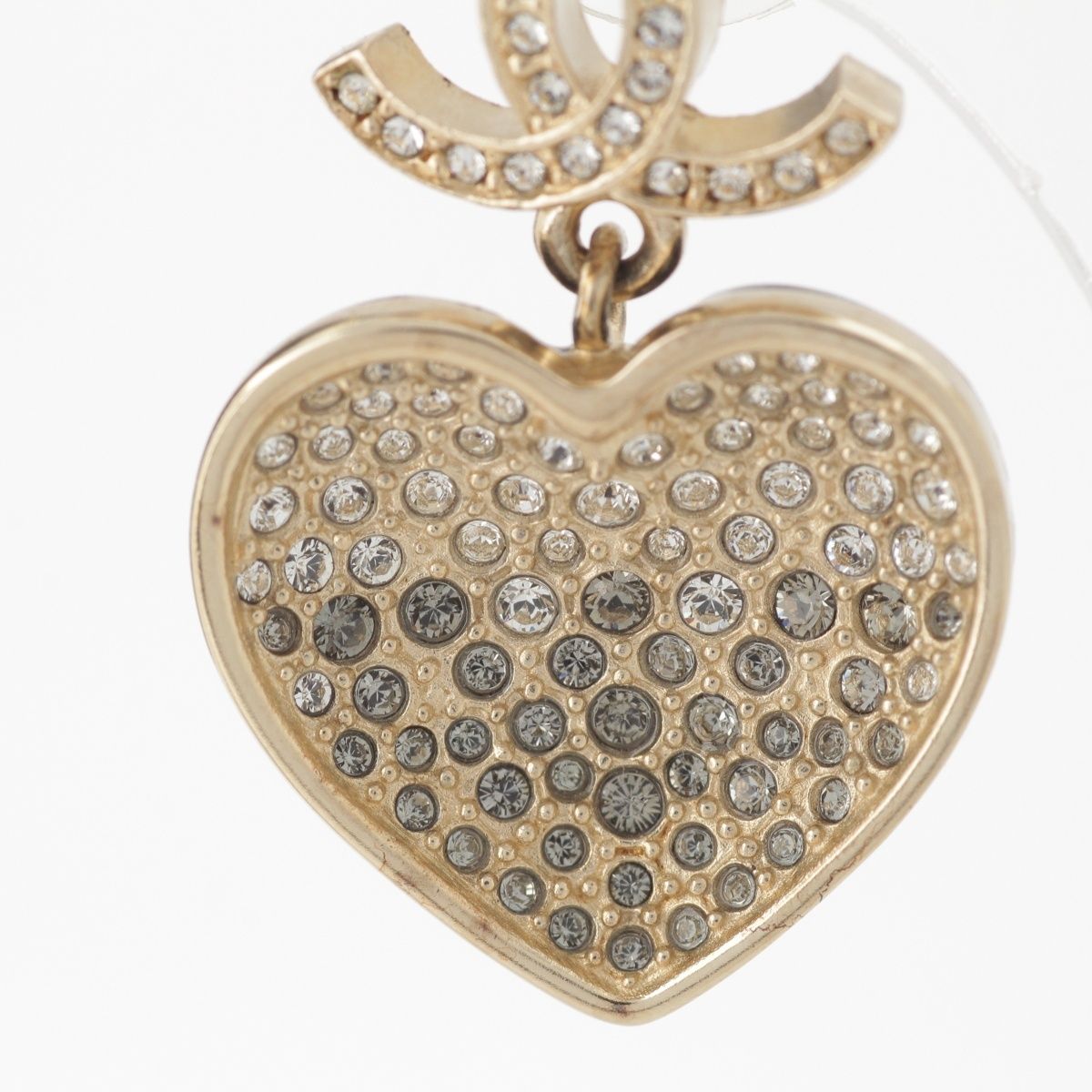 Chanel Metal Rhinestone CC Logo Heart Earrings Black Gold — view 3