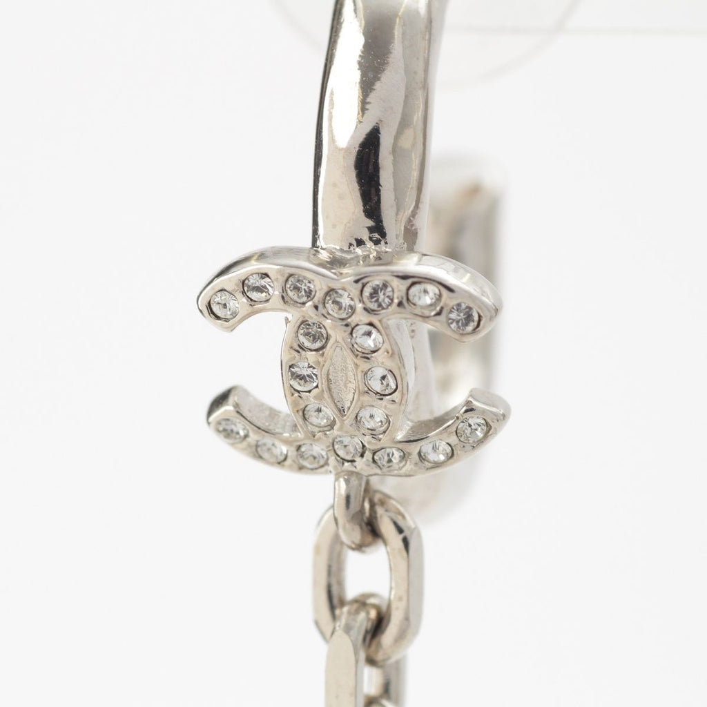 Chanel Metal Rhinestone CC Logo Chain Drop Ear Cuff Earrings Silver — view 3