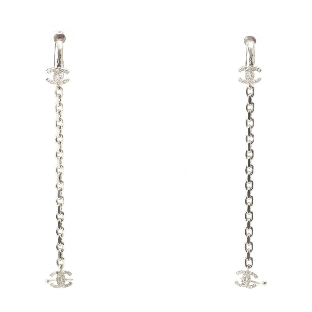 Chanel Metal Rhinestone CC Logo Chain Drop Ear Cuff Earrings Silver