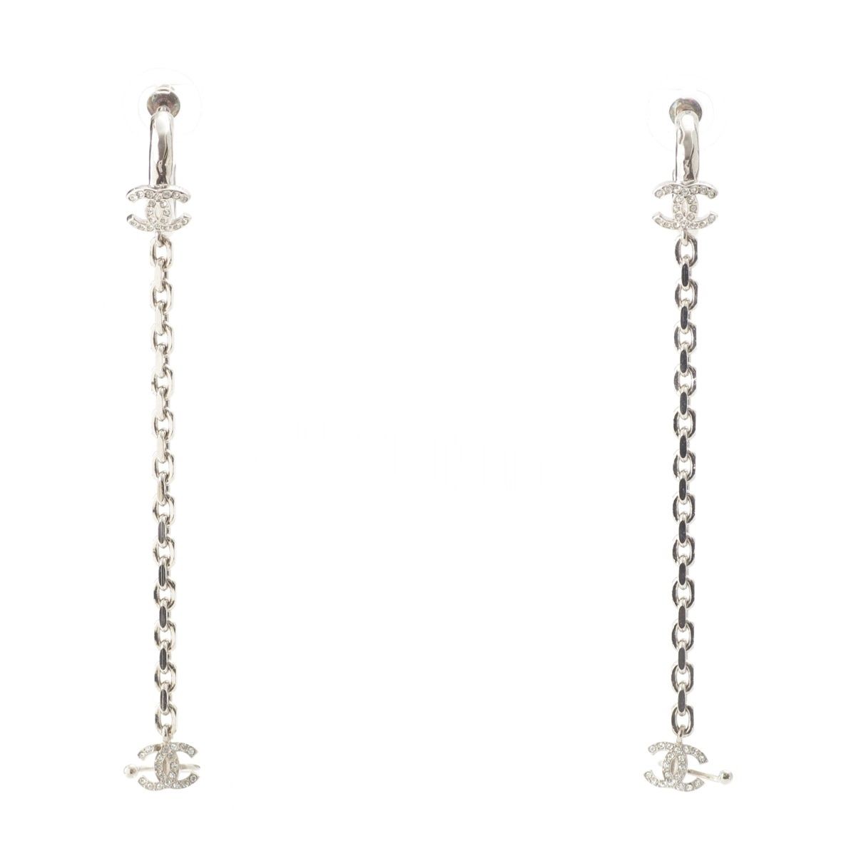 Chanel Metal Rhinestone CC Logo Chain Drop Ear Cuff Earrings Silver