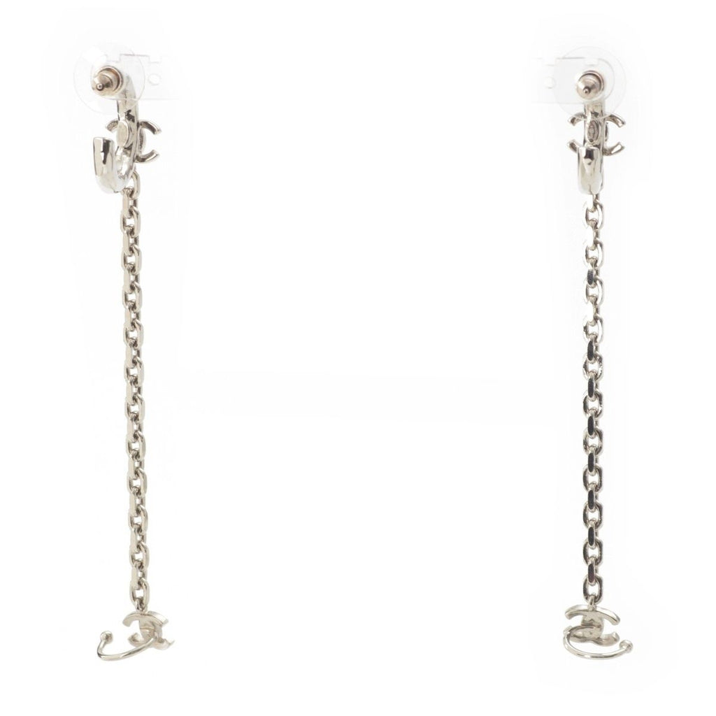 Chanel Metal Rhinestone CC Logo Chain Drop Ear Cuff Earrings Silver — view 2
