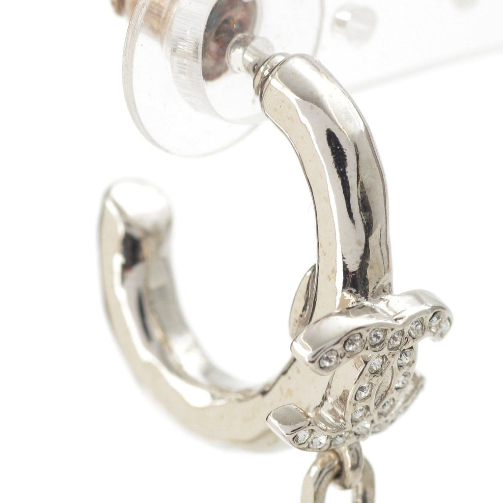 Chanel Metal Rhinestone CC Logo Chain Drop Ear Cuff Earrings Silver — view 8