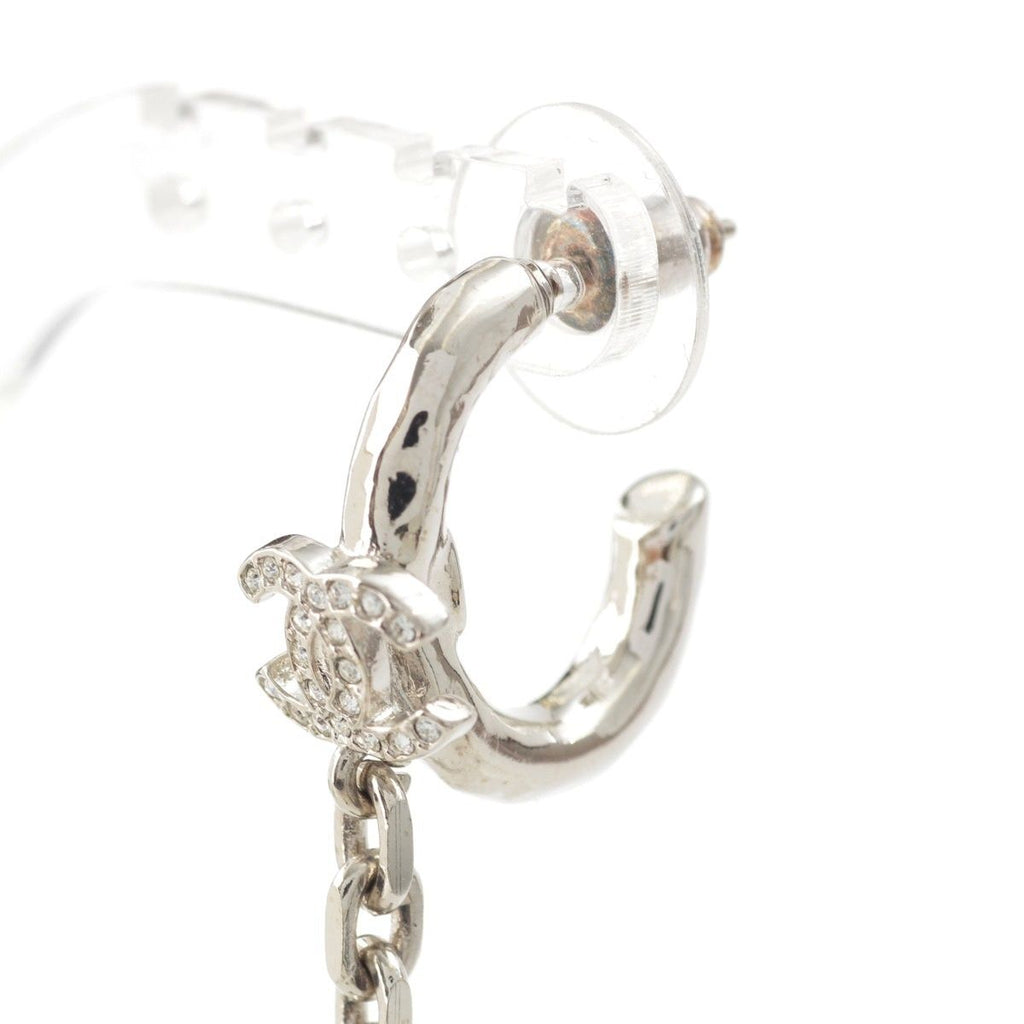 Chanel Metal Rhinestone CC Logo Chain Drop Ear Cuff Earrings Silver — view 7