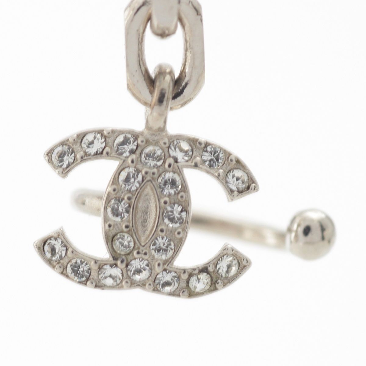Chanel Metal Rhinestone CC Logo Chain Drop Ear Cuff Earrings Silver — view 6