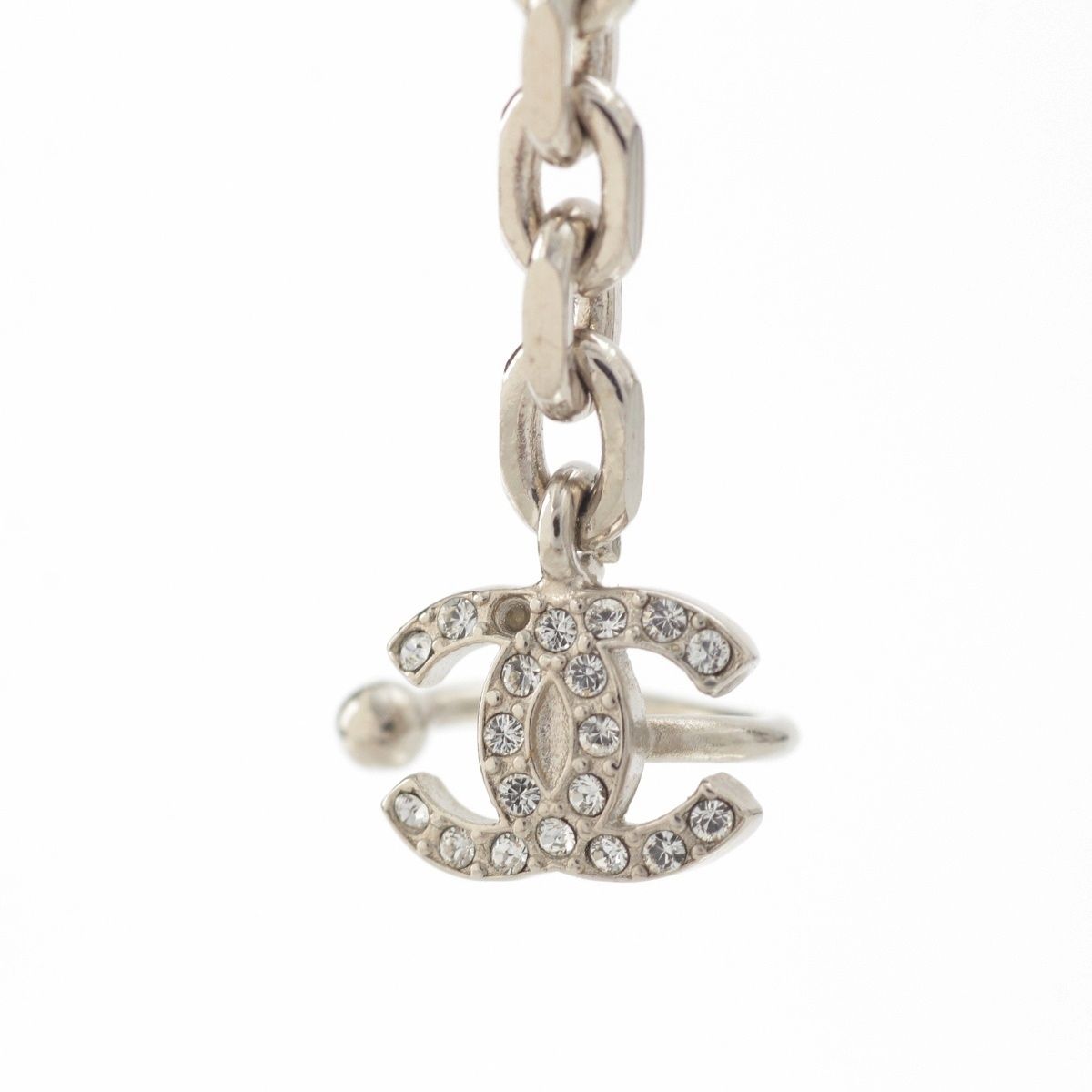 Chanel Metal Rhinestone CC Logo Chain Drop Ear Cuff Earrings Silver — view 4