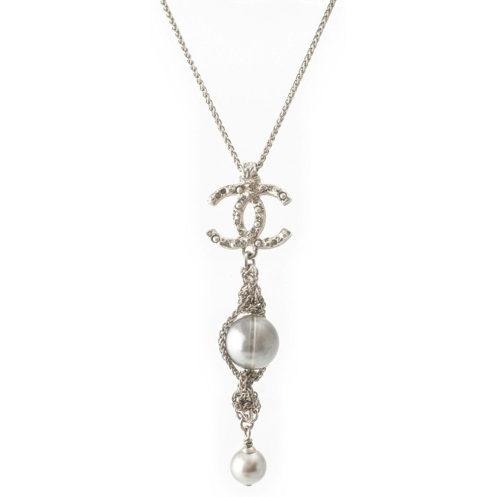 Chanel Metal Pearl CC Logo Rhinestone Necklace Silver