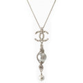 Chanel Metal Pearl CC Logo Rhinestone Necklace Silver