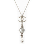Chanel Metal Pearl CC Logo Rhinestone Necklace Silver