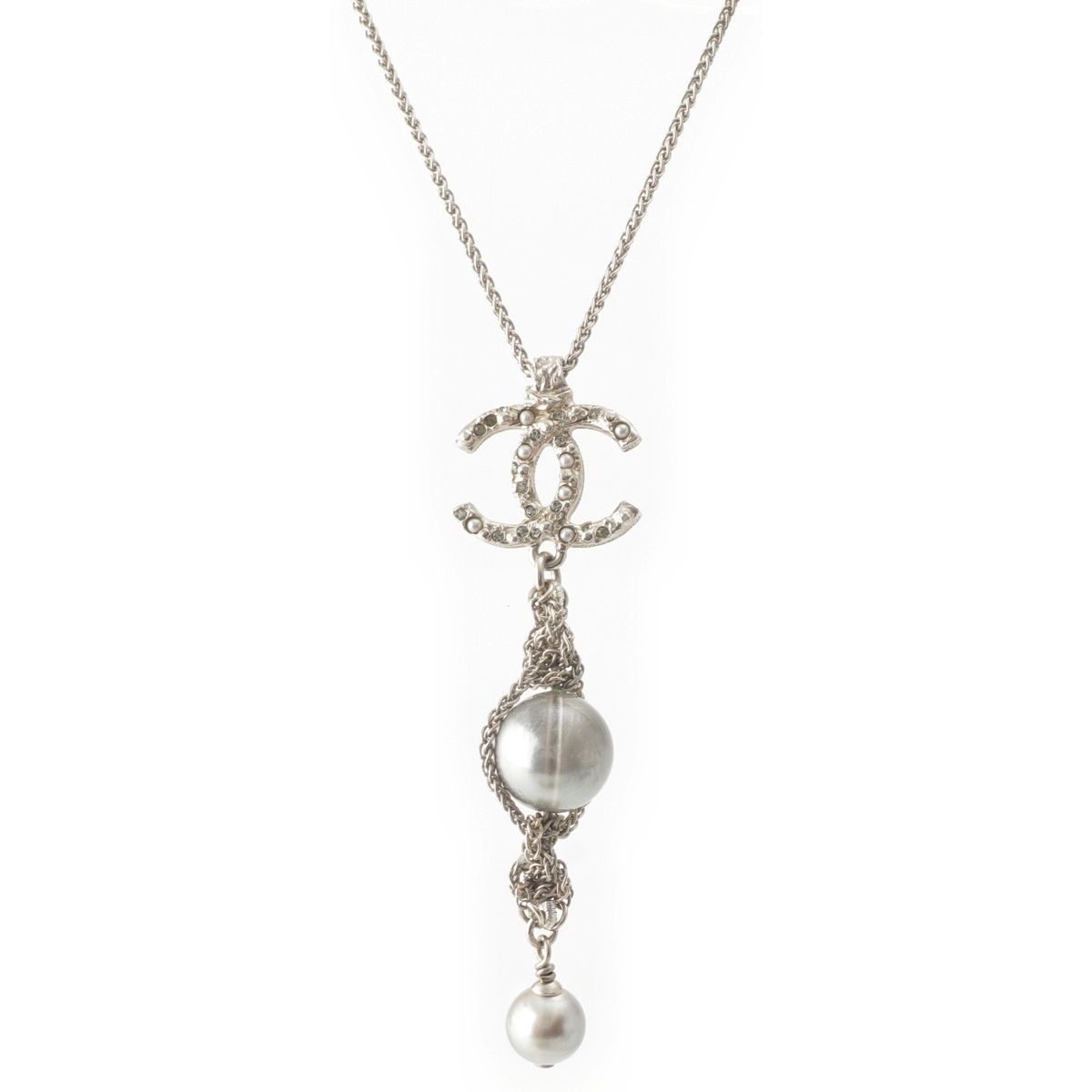 Chanel Metal Pearl CC Logo Rhinestone Necklace Silver