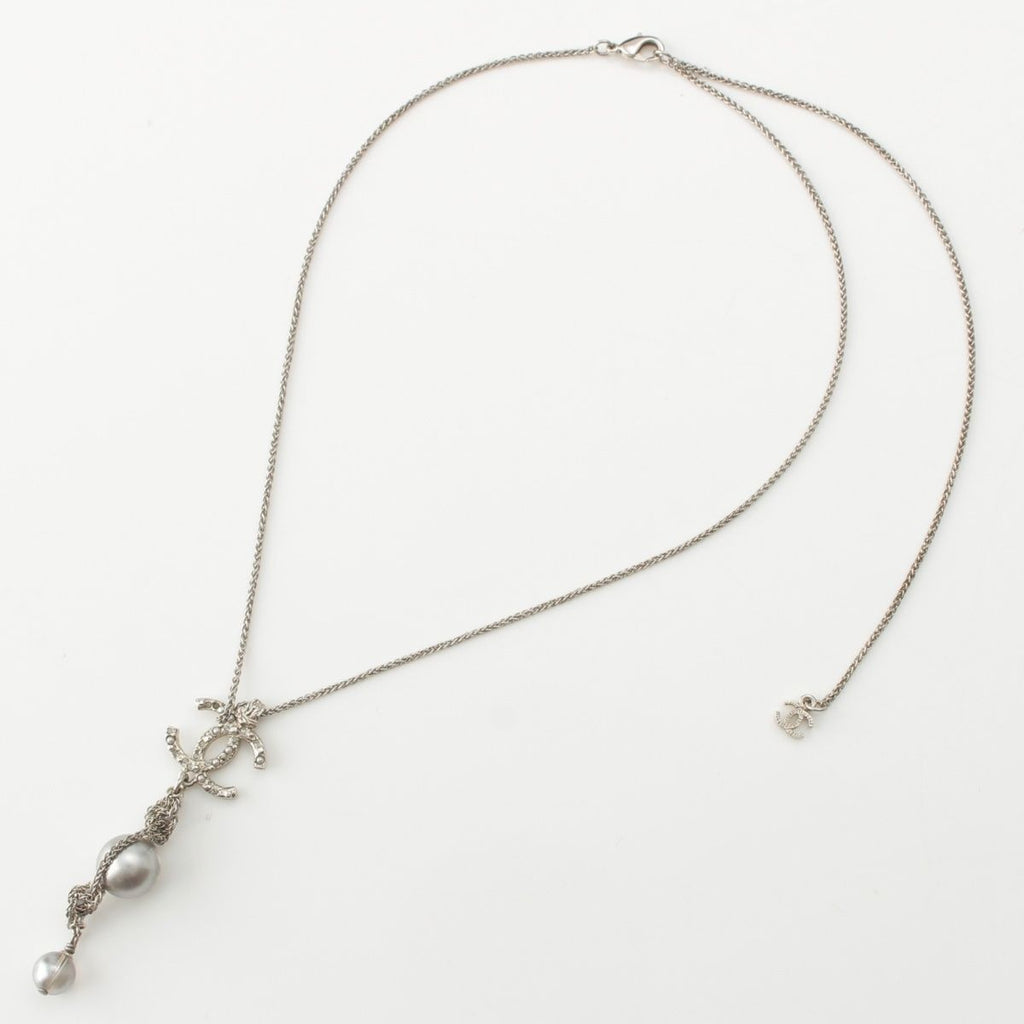 Chanel Metal Pearl CC Logo Rhinestone Necklace Silver — view 3