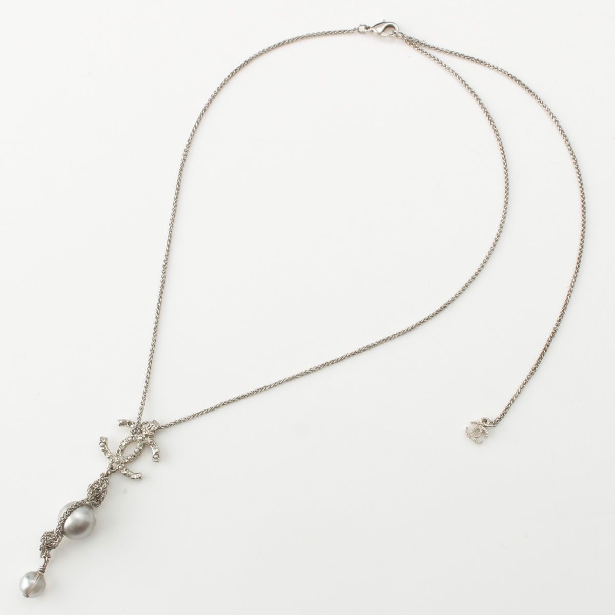 Chanel Metal Pearl CC Logo Rhinestone Necklace Silver — view 3