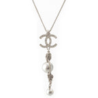 Chanel Metal Pearl CC Logo Rhinestone Necklace Silver — view 2