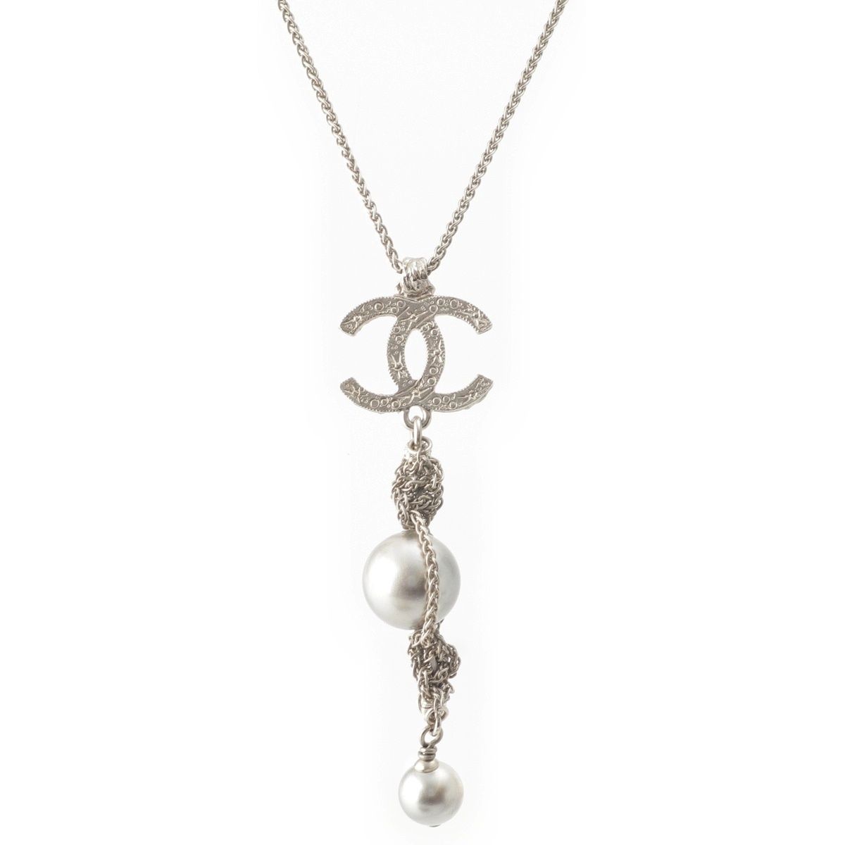 Chanel Metal Pearl CC Logo Rhinestone Necklace Silver — view 2