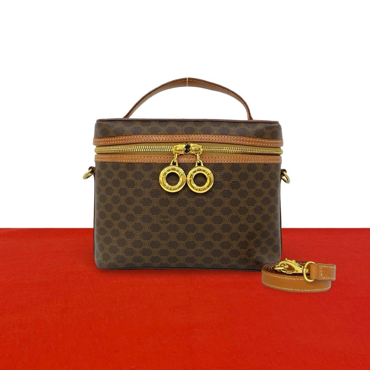 Celine Vintage Macadam Pattern Logo Ring Leather 2-Way Shoulder Bag Brown