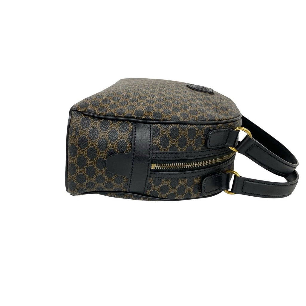 Celine Vintage Macadam Blason Pattern Leather Boston Bag Black Brown — view 6