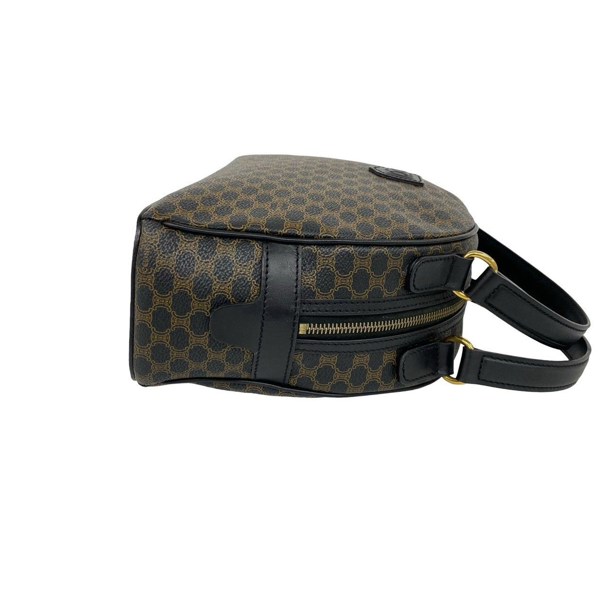 Celine Vintage Macadam Blason Pattern Leather Boston Bag Black Brown — view 6