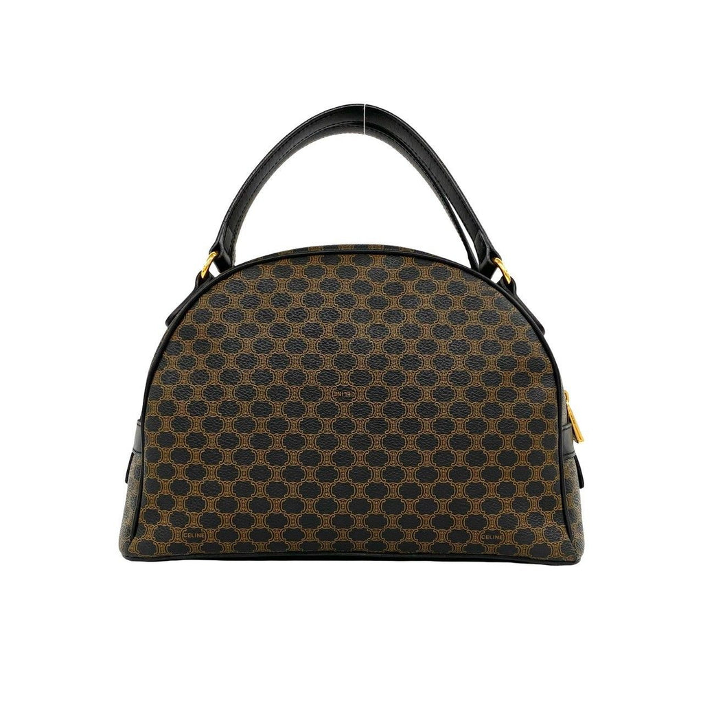 Celine Vintage Macadam Blason Pattern Leather Boston Bag Black Brown — view 3