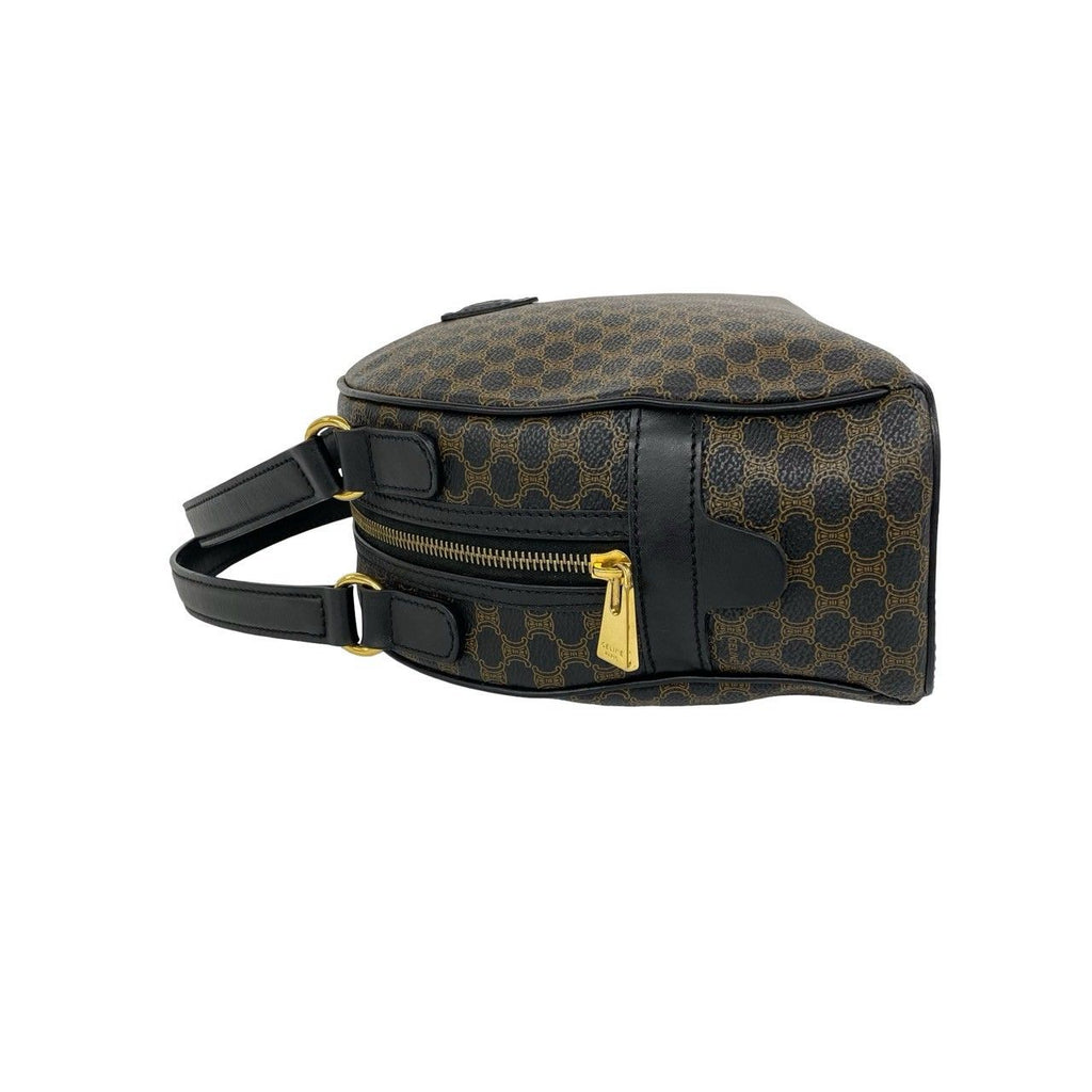 Celine Vintage Macadam Blason Pattern Leather Boston Bag Black Brown — view 5