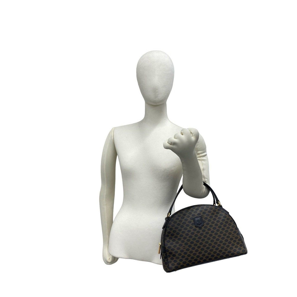 Celine Vintage Macadam Blason Pattern Leather Boston Bag Black Brown — view 2