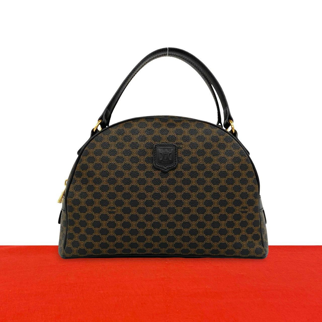 Celine Vintage Macadam Blason Pattern Leather Boston Bag Black Brown