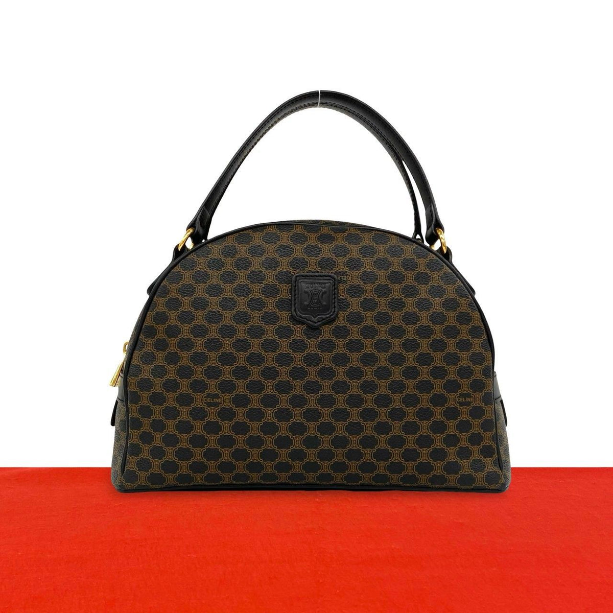 Celine Vintage Macadam Blason Pattern Leather Boston Bag Black Brown