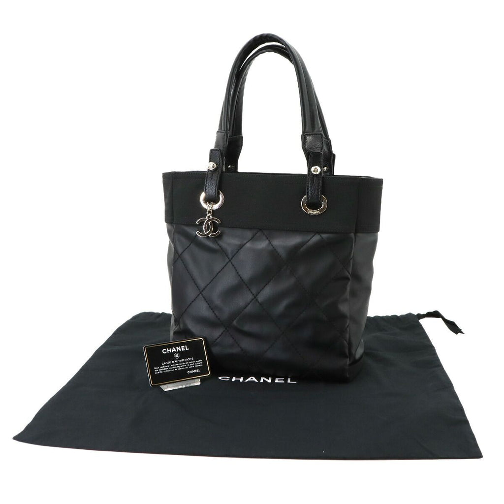 Chanel Paris Biarritz PM Tote Bag Nylon Leather Black Silver — view 2