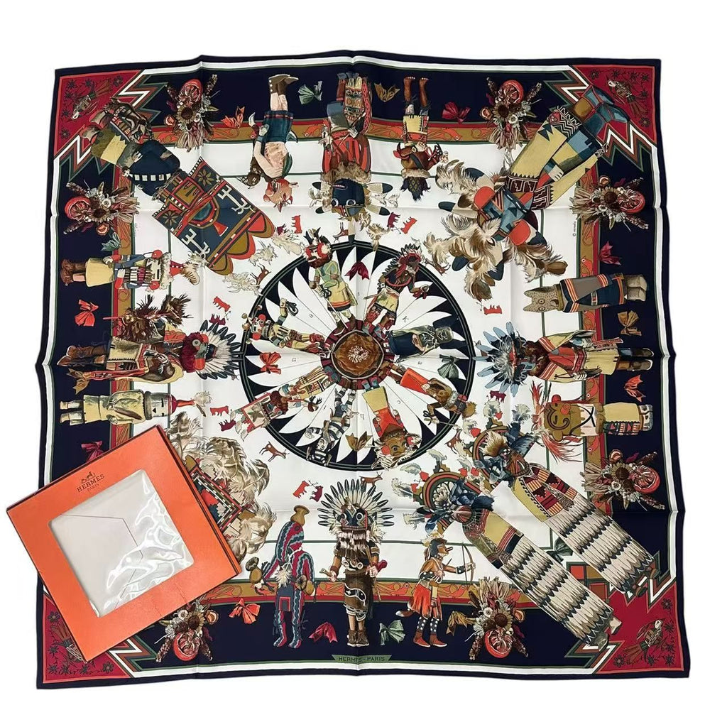 Hermes Scarf Carre 90 Silk Kachinas Navy