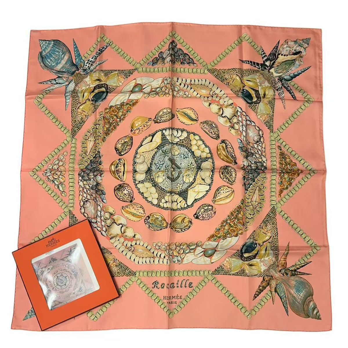 Hermes Carre 90 Scarf Rocaille Seashell Silk Pink