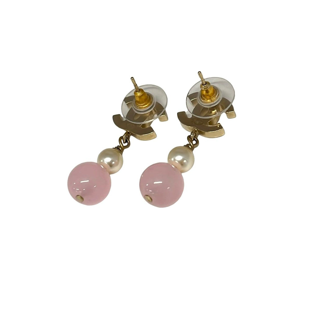 Chanel Earrings CC Logo Gold Light Pink White — view 2