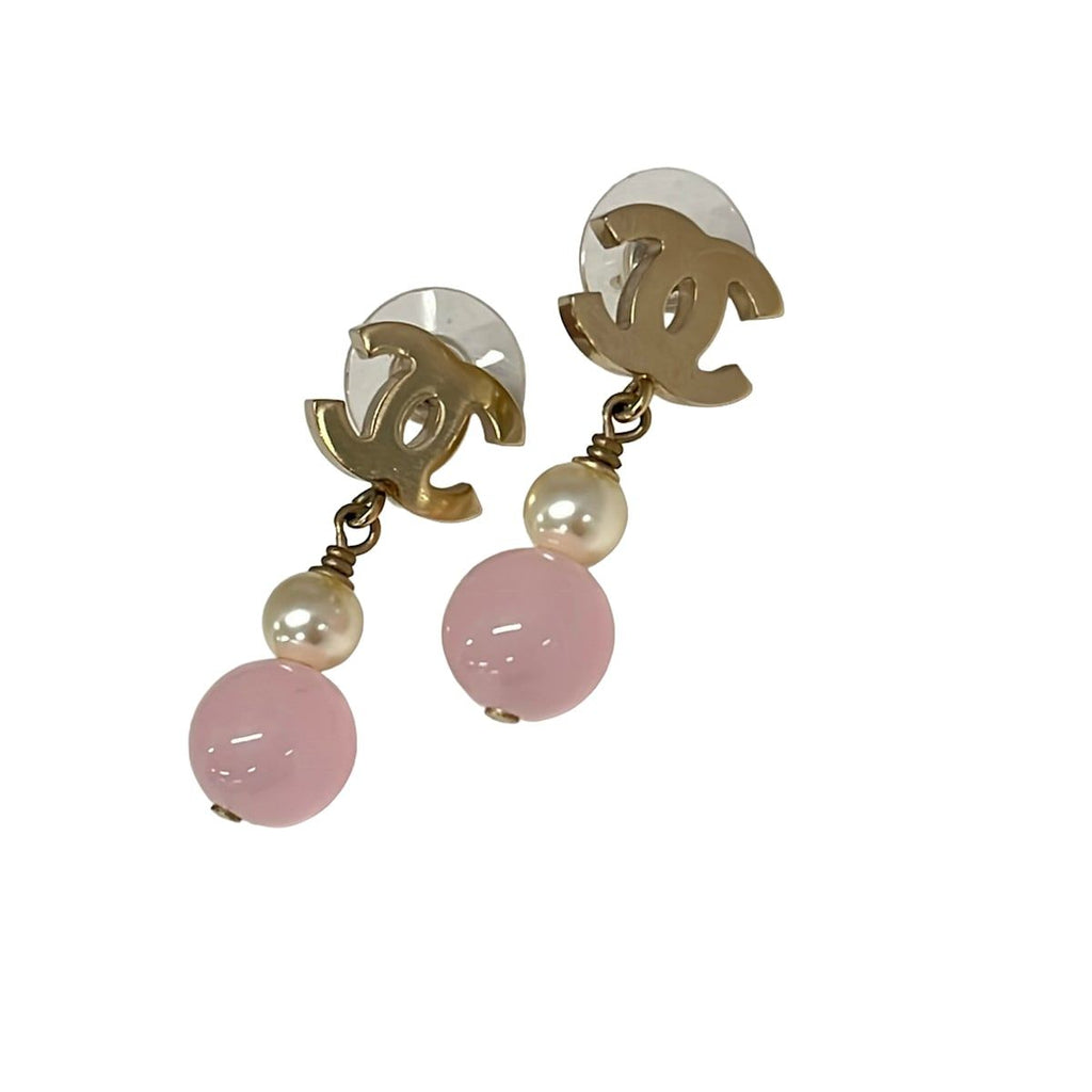 Chanel Earrings CC Logo Gold Light Pink White