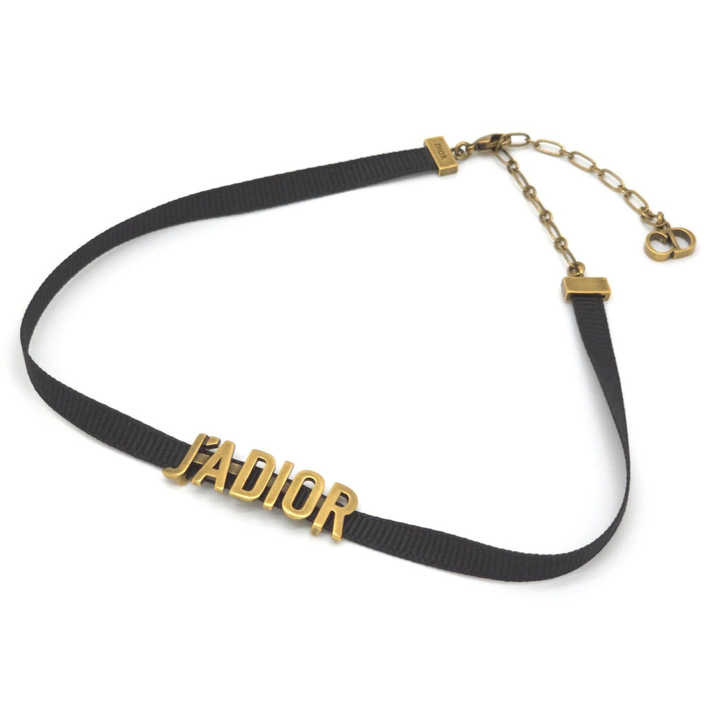 Dior J'adior Logo Choker Necklace Neck Gold Tone Metal Antique Polished Black
