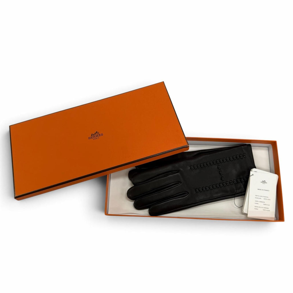Hermes Lambskin Lining Silk 100% H Design Gloves Black — view 2