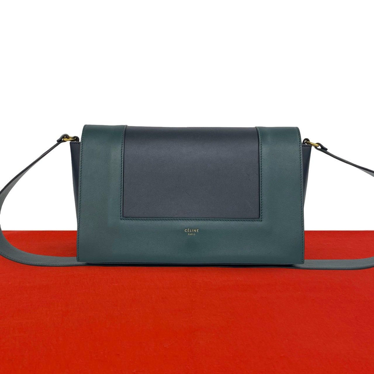 Celine Frame Medium Shoulder Bag Leather Pochette Crossbody Navy Green