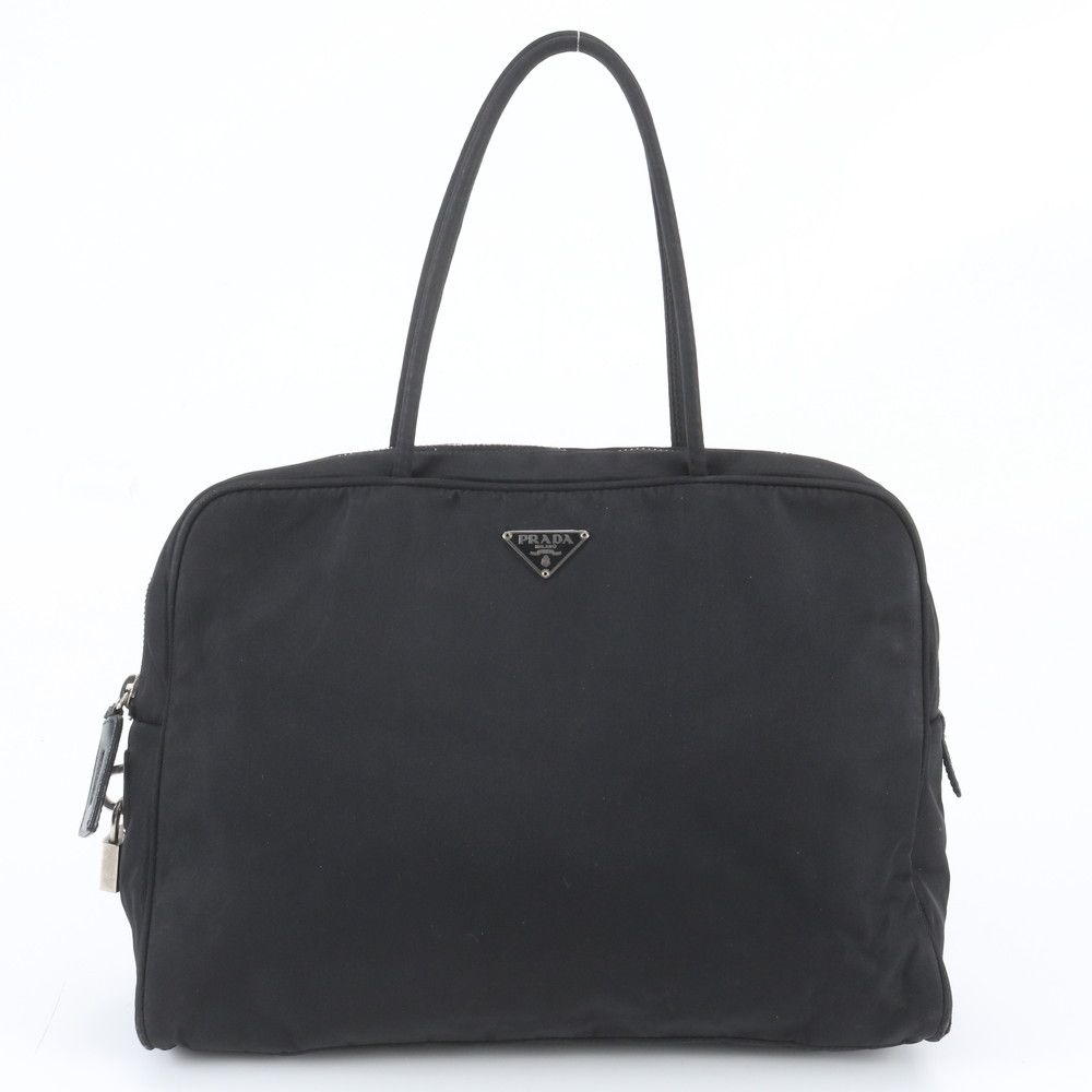 Prada White Tag Tessuto Nylon Triangle Logo Leather Tote Bag