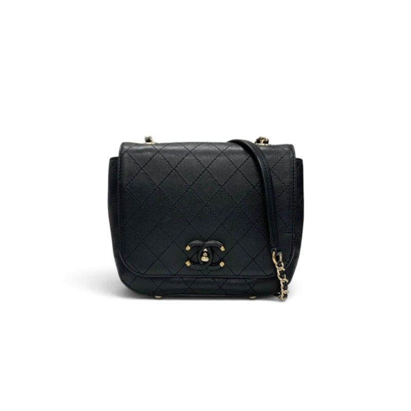 Chanel Shoulder Bag Black Gold Quilted Turnlock CC Logo Chain