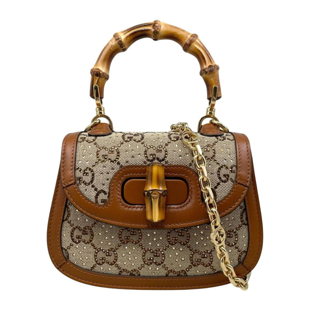 Gucci Shoulder Bag Bamboo Crystal Mini Top Handle GG Canvas Leather Logo