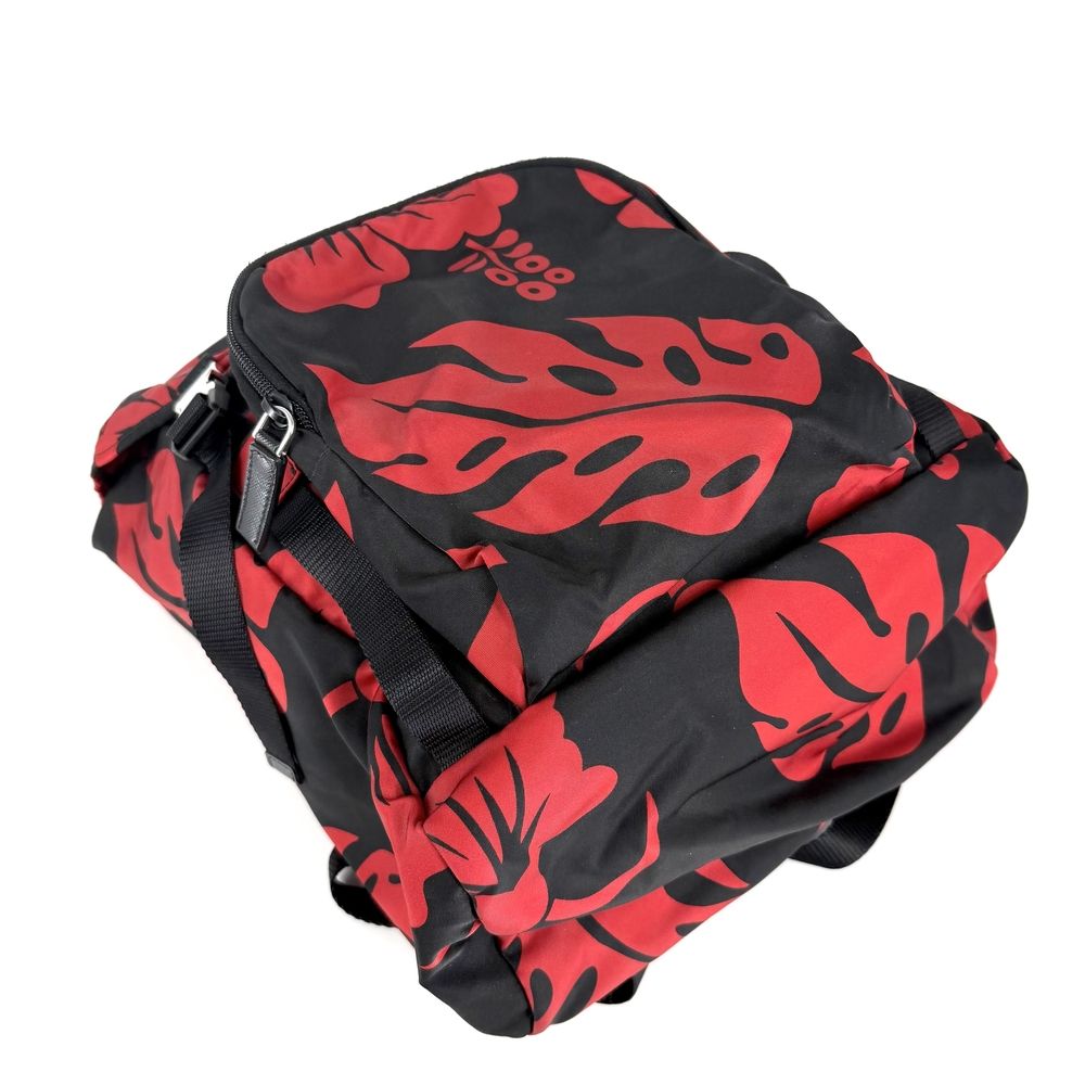 Prada Backpack Triangle Logo Hibiscus Shoulder Nylon Leather Black Red Silver — view 3
