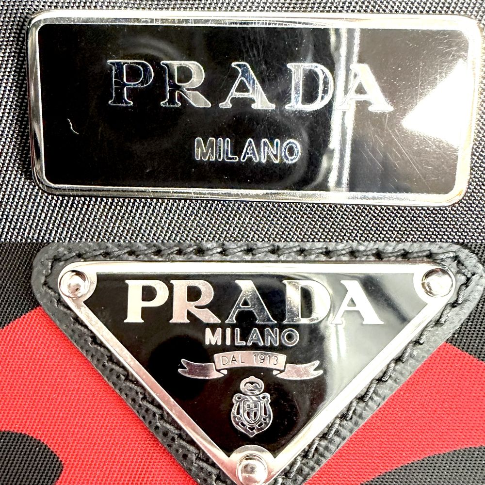 Prada Backpack Triangle Logo Hibiscus Shoulder Nylon Leather Black Red Silver — view 5