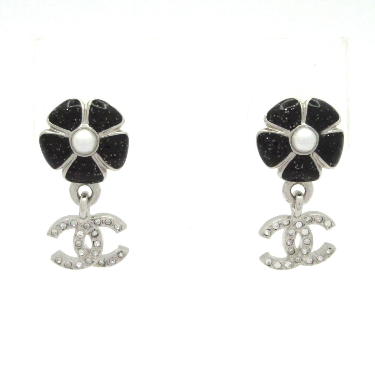 Chanel Earrings Silver Black White Flower CC Logo