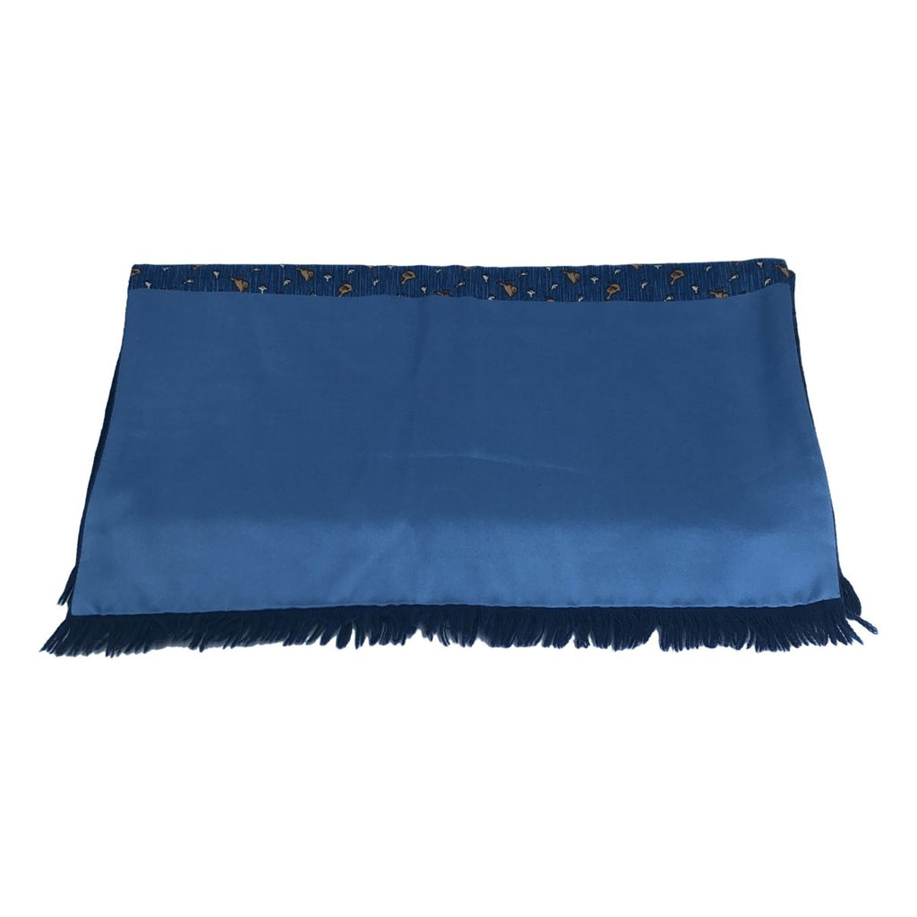 Hermes Silk Angora Reversible Duck Pattern Fringe Scarf Blue — view 3